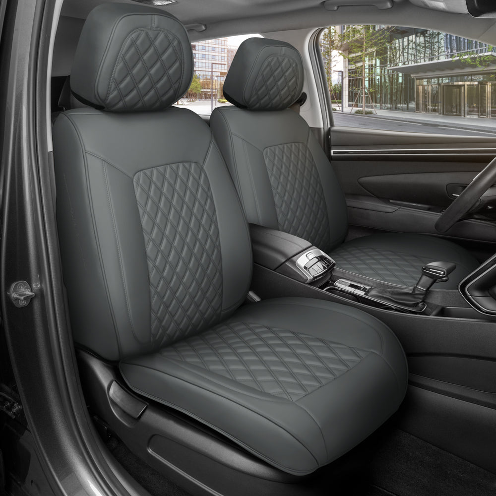 MotorBox Prestige Edition Faux Leather Seat Covers for Cars, Trucks, & SUV – 2 Charcoal Car Seat Covers for Front Seats - Universal Fit Car Accessories Automotive Interior Protector for Most Vehicles - Charcoal Gray