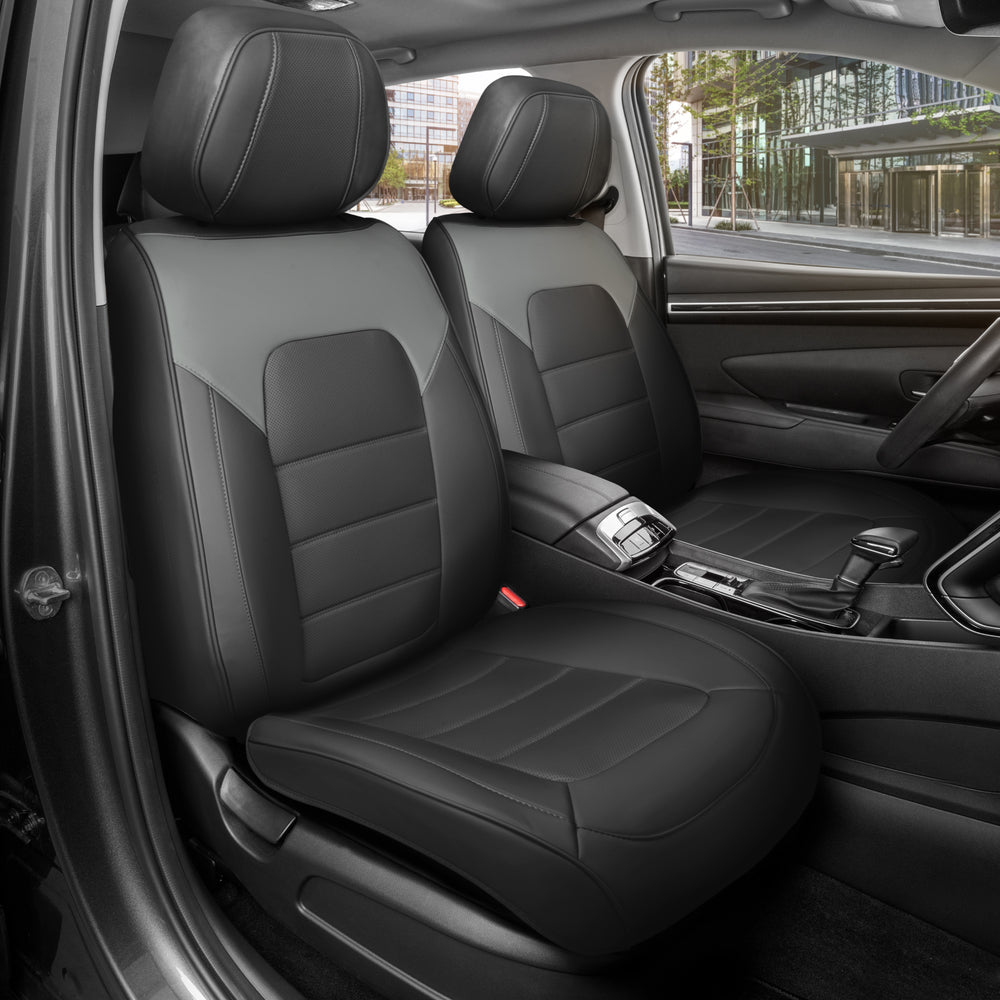 MotorBox Classic Edition Faux Leather Seat Covers for Cars, Trucks, & SUV – 2 Charcoal & Black Car Seat Covers for Front Seats - Universal Fit Car Accessories  Interior Protector for Most Vehicles - Gray & Black