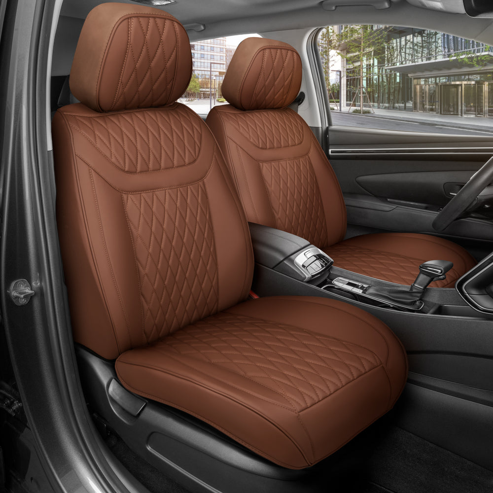 MotorBox Car Seat Covers – Ranch Leatherette Faux Leather Brown Seat Covers for Car – Diamond Stitched Cushioned Interior Protectors for Automotive Accessories, Trucks, SUV, Cars – Two Front Covers - Terracotta Clay