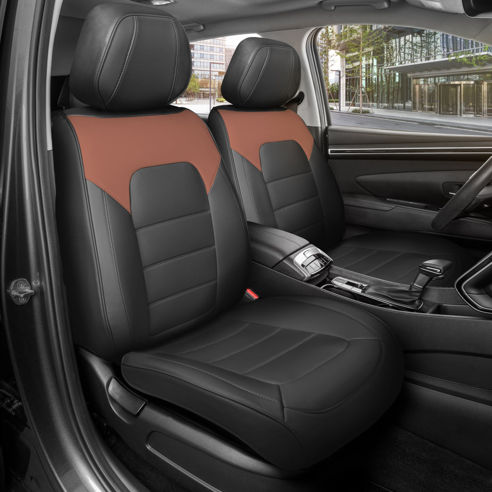 MotorBox Classic Edition Faux Leather Seat Covers for Cars, Trucks, & SUV – 2 Brown & Black Car Seat Covers for Front Seats - Universal Fit Car Accessories Interior Protector for Most Vehicles - Brown & Black
