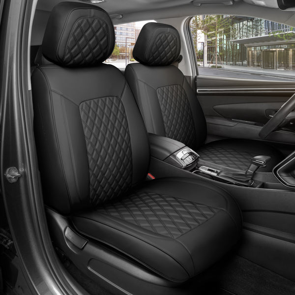 MotorBox Prestige Edition Faux Leather Seat Covers for Cars, Trucks, & SUV – 2 Black Car Seat Covers for Front Seats - Universal Fit Car Accessories Automotive Interior Protector for Most Vehicles - Black