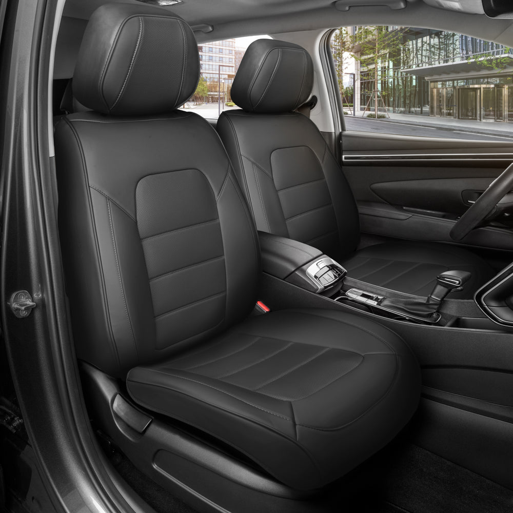 MotorBox Classic Edition Faux Leather Seat Covers for Cars, Trucks, & SUV – 2 Black Car Seat Covers for Front Seats - Universal Fit Car Accessories Interior Protector for Most Vehicles - Classic Black