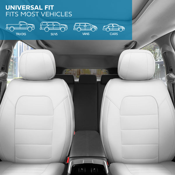 MotorBox Classic Edition Faux Leather Seat Covers for Cars, Trucks, & SUV - 2 White Car Seat Covers for Front Seats - Universal Fit Car Accessories Automotive Interior Protector for Most Vehicles - Classic White