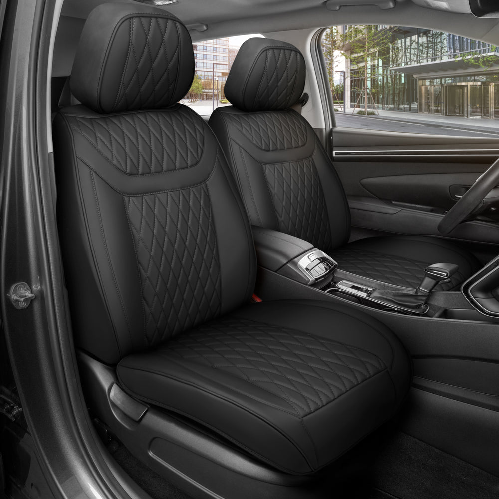 MotorBox Car Seat Covers – Ranch Leatherette Faux Leather Black Seat Covers for Car – Diamond Stitched Cushioned Interior Protectors for Automotive Accessories, Trucks, SUV, Cars – Two Front Covers - Black